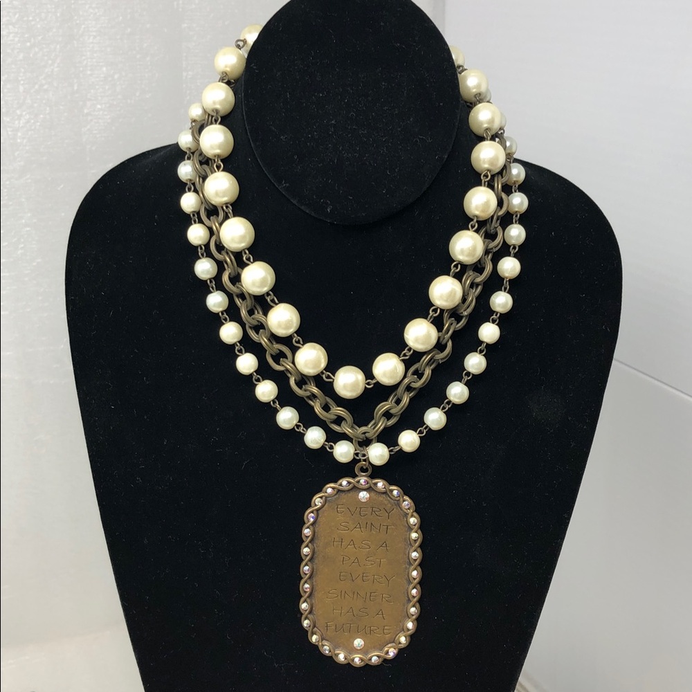 Pink Panache Necklace Faux Pearl & Brass Tone Chain With Metal Pendant Boho